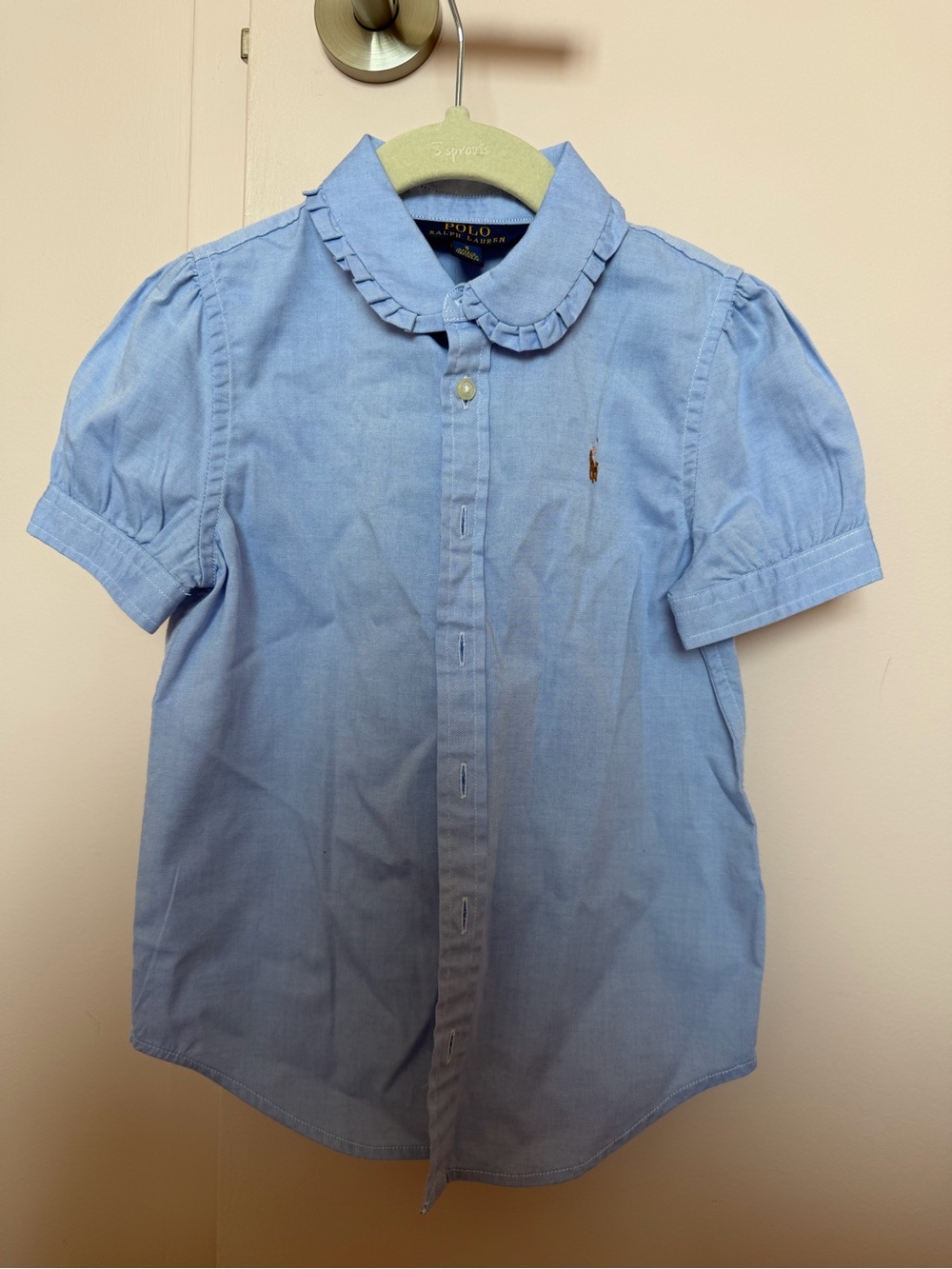 Polo by Ralph Lauren Girls' Light Blue Ruffle Collar Button-Down Shirt